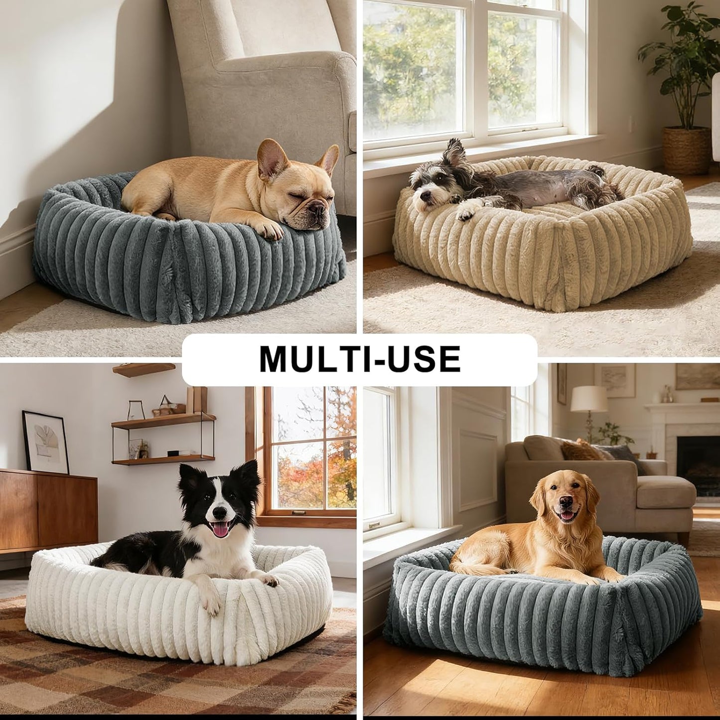 Dog Bed Medium Size Dog, Washable Orthopedic Pet Bed with Removable Cover, Rectangle Soft Calming Sleeping Puppy Bed Durable Pet Cuddler with Anti-Slip Bottom, Beige, M plus (30"X24"X8")