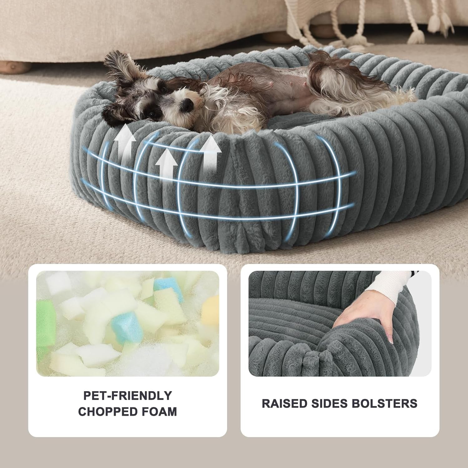 Dog Bed for Small Medium Dog, Washable Orthopedic Pet Bed with Removable Cover, Rectangle Soft Calming Sleeping Puppy Bed Durable Pet Cuddler with Anti-Slip Bottom, Grey, M (25"X21"X7")