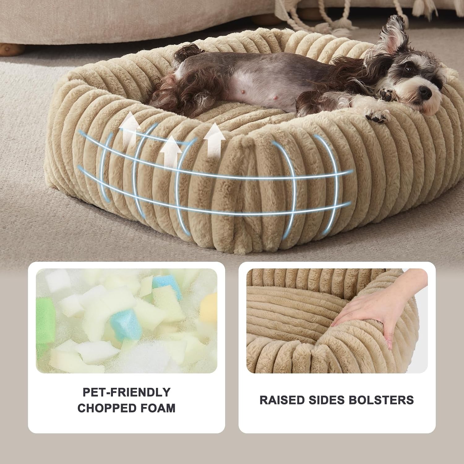 Dog Bed Medium Size Dog, Washable Orthopedic Pet Bed with Removable Cover, Rectangle Soft Calming Sleeping Puppy Bed Durable Pet Cuddler with Anti-Slip Bottom, Beige, M plus (30"X24"X8")