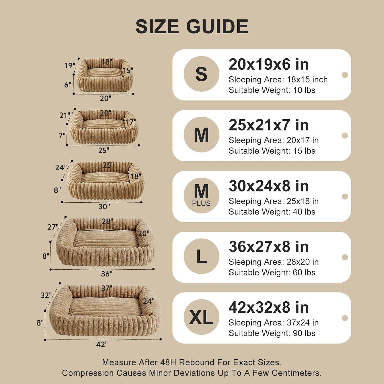 Dog Bed Medium Size Dog, Washable Orthopedic Pet Bed with Removable Cover, Rectangle Soft Calming Sleeping Puppy Bed Durable Pet Cuddler with Anti-Slip Bottom, Beige, M plus (30"X24"X8")