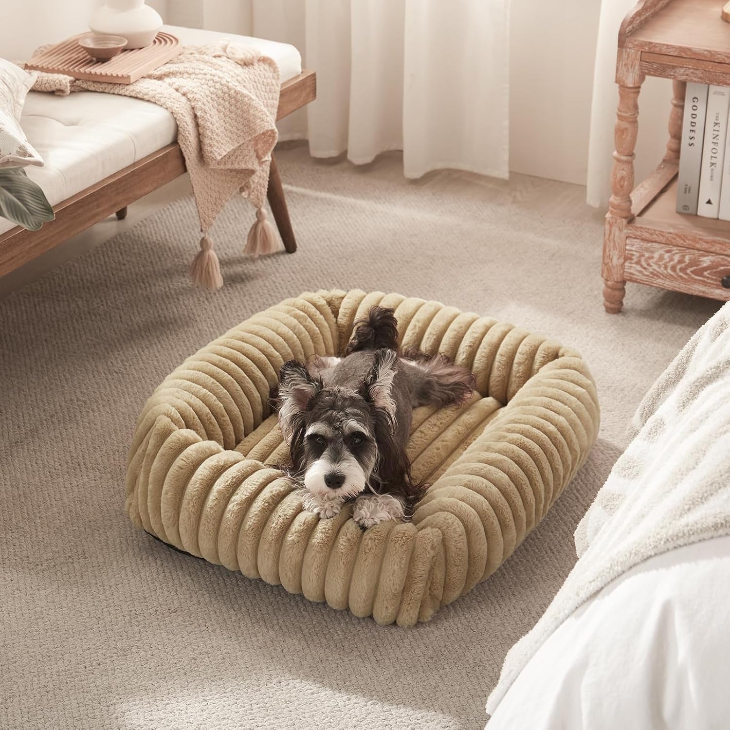 Dog Bed Medium Size Dog, Washable Orthopedic Pet Bed with Removable Cover, Rectangle Soft Calming Sleeping Puppy Bed Durable Pet Cuddler with Anti-Slip Bottom, Beige, M plus (30"X24"X8")