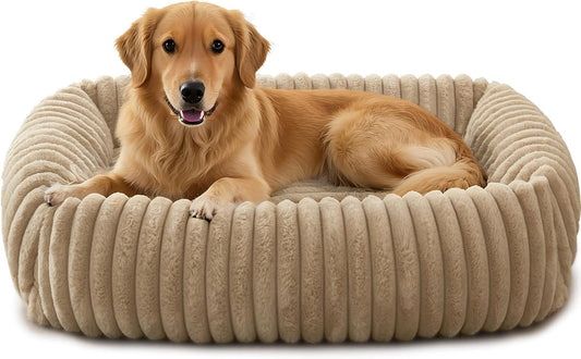 Dog Bed Medium Size Dog, Washable Orthopedic Pet Bed with Removable Cover, Rectangle Soft Calming Sleeping Puppy Bed Durable Pet Cuddler with Anti-Slip Bottom, Beige, M plus (30"X24"X8")
